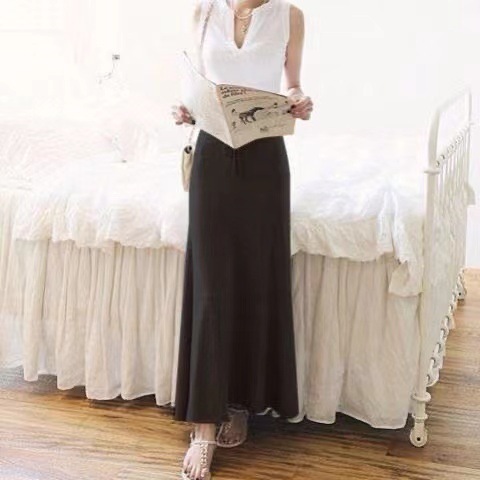 Women's Spring and Autumn High-Waisted Medium-Length Elegant Grey Draping A-Line Large Swing Skirt