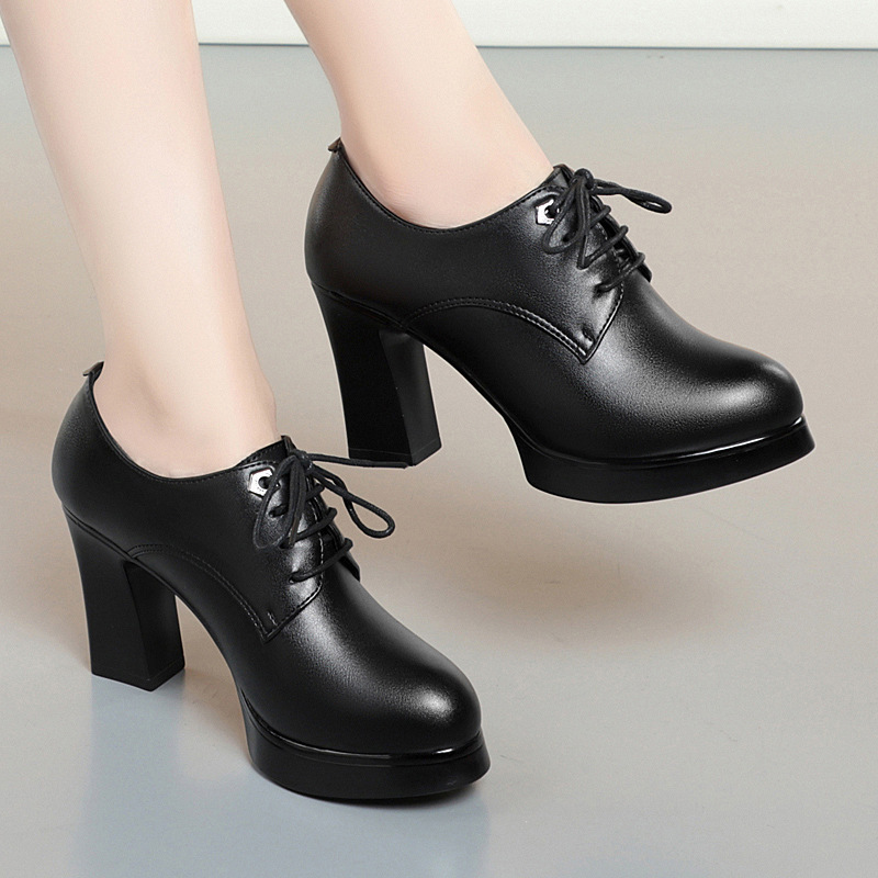 Genuine Leather High-Heeled Lace-Up Women's Leather Shoes, Black Round-Toe Chunky Heel Thick-Soled Office Shoes for Women, Spring and Autumn Style Deep-Cut Single Shoes for Women Genuine Leather High-Heeled Lace-Up Women's Leather Shoes, Black Round-Toe Chunky Heel Thick-Soled Office Shoes for Women, Spring and Autumn Style Deep-Cut Single Shoes for Women