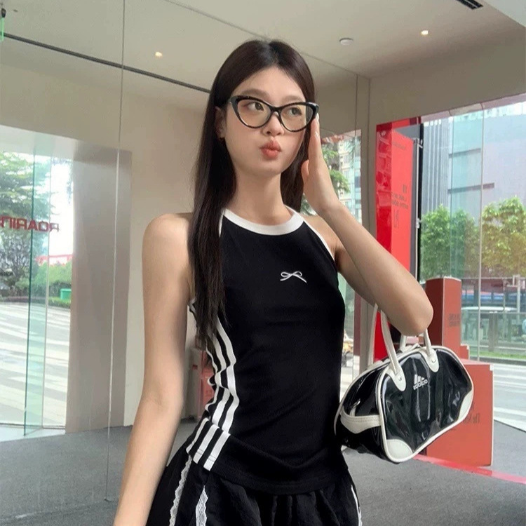 3062 # Summer new style hot girl style color-blocking bow patchwork tank top for women, slim fit with built-in chest pads