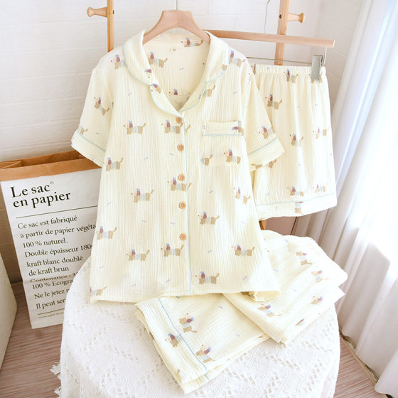 Women's Pajamas Three-piece Set Women's Pure Cotton Women's Thin Spring and Autumn Summer Can Wear Four Seasons Double-layer Cotton Yarn Home Clothes