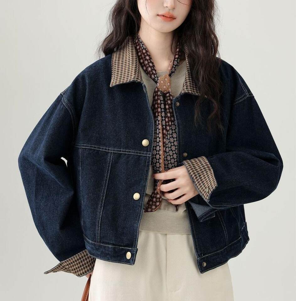 Áo khoác denim nữ ngắn phối caro cổ ve áo tay dài — màu xanh (chất lượng cao) chi tiết 10
