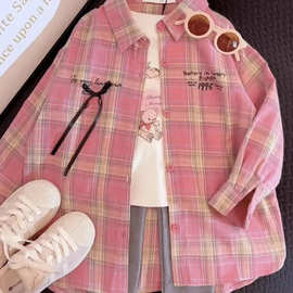 女童格子衬衫春秋装2024新款韩版宽松中大童长袖衬衣女孩休闲外套