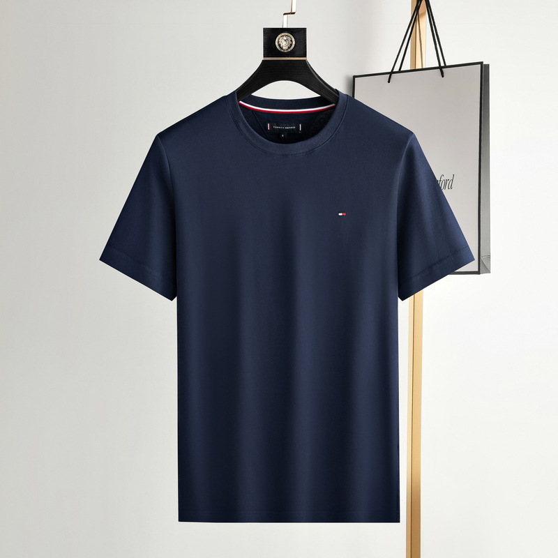 Foreign Trade Original Order 25 Tommy Tommy Men's Short-Sleeved Pure Cotton Round Neck Slim Pure Color Small Label Embroidered Bottoming Shirt
