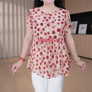 2025 New Summer Fashion Polka Dot Chiffon Draped Breathable Slimming Look Large Size Shirt Tops Middle-Aged Mother Women's Clothing