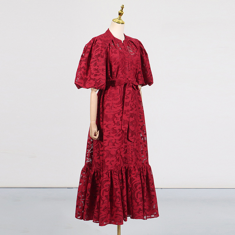 Retro Design Maxi Dress Spring Summer Single Breasted Printed Lace up Short Sleeve Long Pattern Dress Women