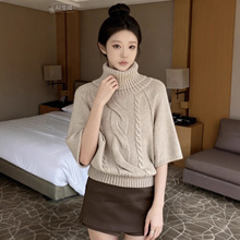 跨境大码高领秋冬蝙蝠衫七分袖银扣刺绣针织衫外套宽松慵懒毛衣女