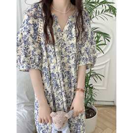 跨境专供外贸韩版夏季新款水墨画双层纱轻薄透气短袖女家居服睡裙