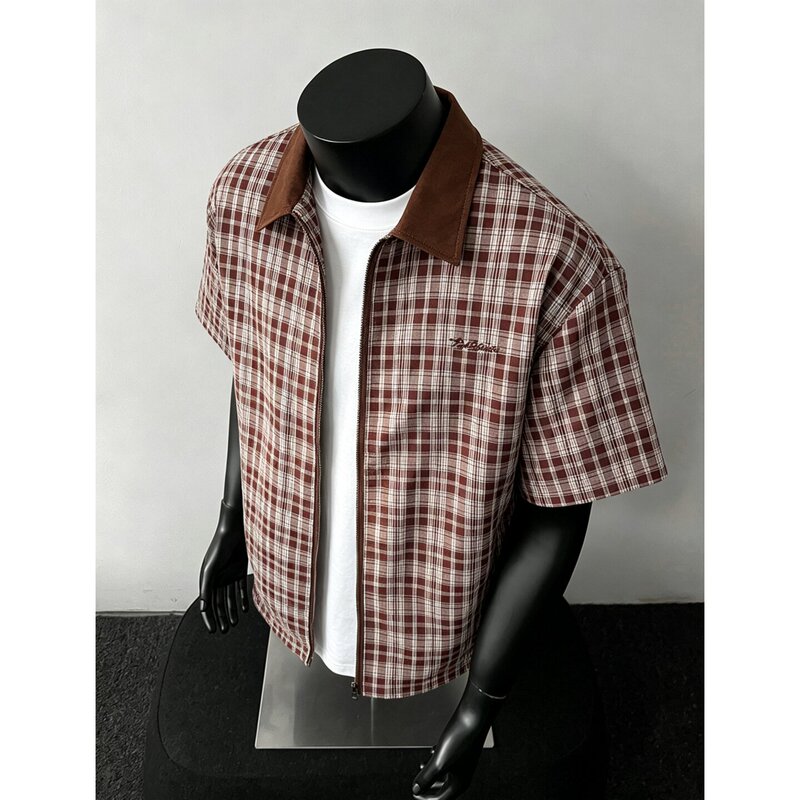Maillard Retro Plaid Short-Sleeved Shirt for Men, American-Style Drawstring Color-Blocked Lapel, Very Nice-Looking Spring and Summer Jacket Shirt