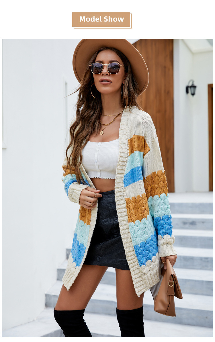 European and American Casual Contrast Color Sweater Coat Women's 2022 New Loose Mid-length Top Autumn and Winter Outer Knitted Cardigan_voghion.com