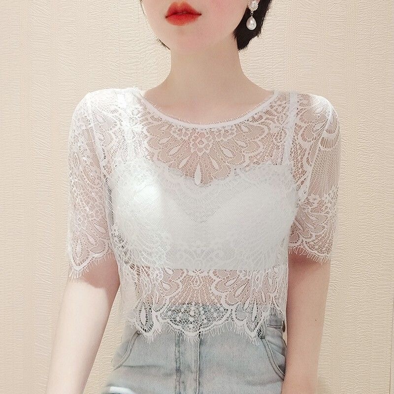 Lace Slip Dress with a Short-Sleeved Transparent Mesh Overlay, Hollow-Out Shawl, Feminine and Elegant Thin Top