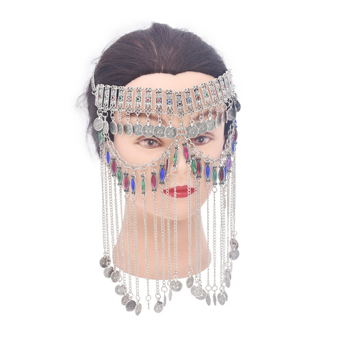 Hot-selling cross-border face veil with ancient Chinese style rhinestone coins and tassel, fake mask for masquerade ball, factory direct sales