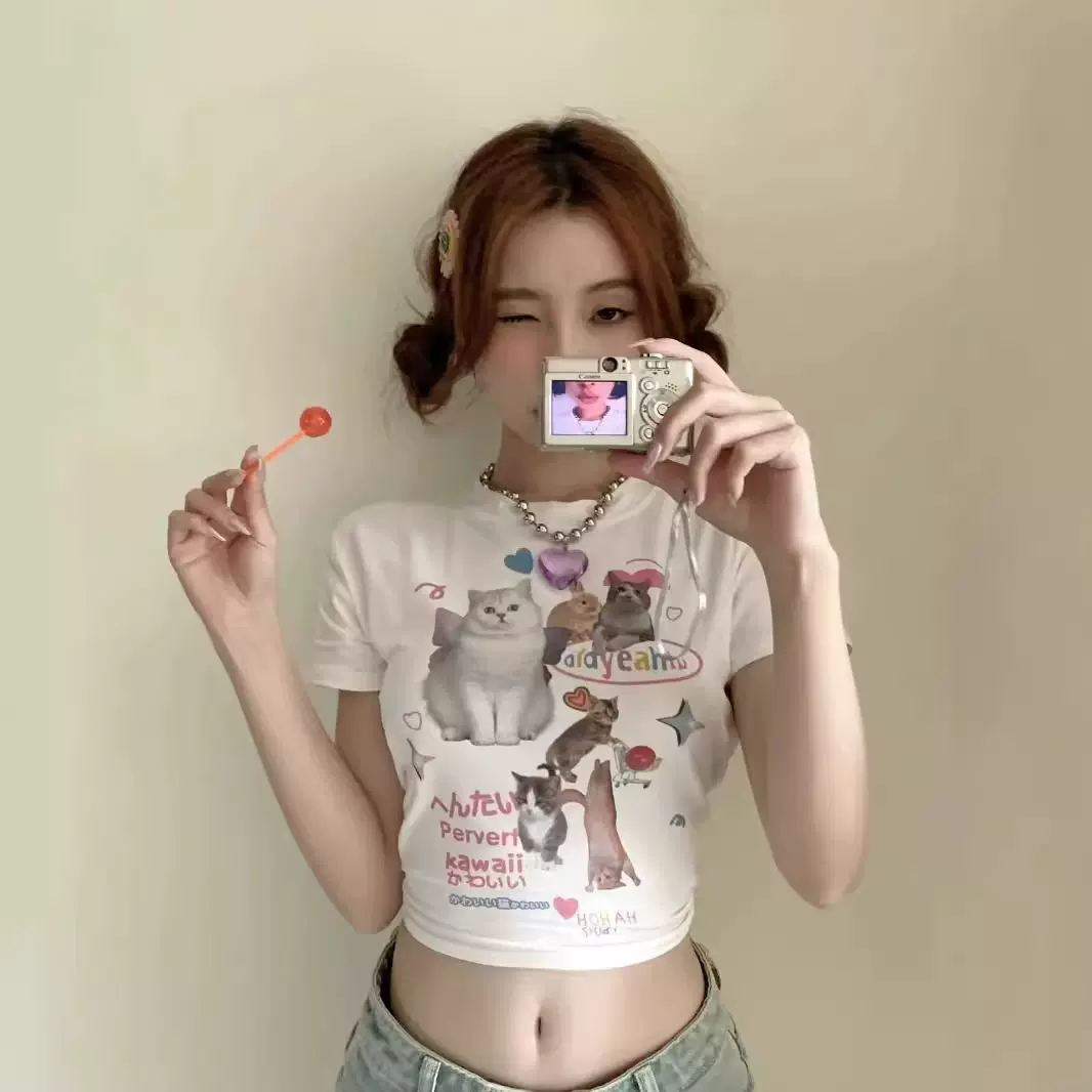 可爱猫咪印花短袖T恤甜辣妹女装正肩修身露脐短款夏季BM显胸上衣