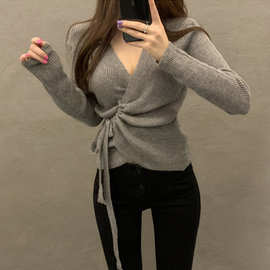 新款韩国女款设计感修身抽绳系带长袖v领毛针织衫上衣