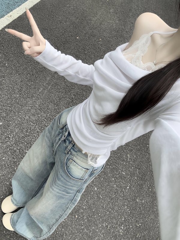 韩系纯欲绝美挂脖蕾丝长袖t恤女秋季设计感小众荡领露肩打底上衣|undefined
