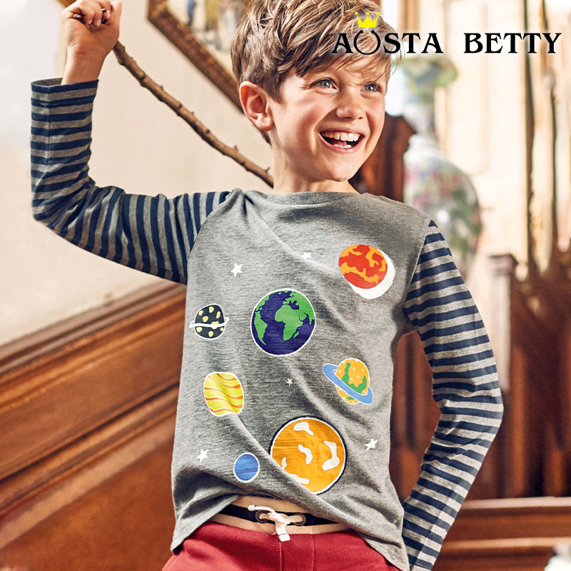 Nuevos productos de otoño Camiseta luminosa de manga larga para niños Camiseta de costura de moda de estilo europeo y americano Camisa de fondo de algodón para niños