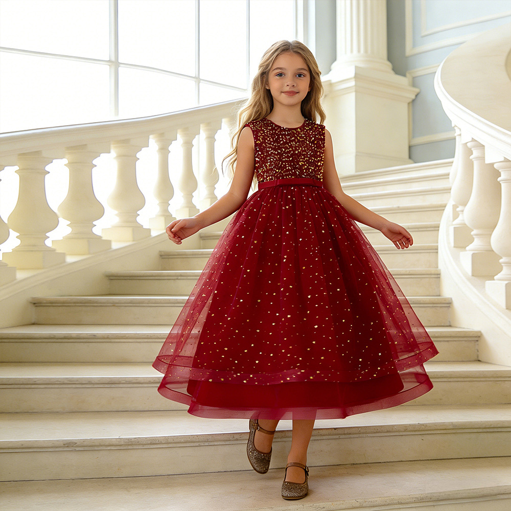 Vestido de Noche de Moda con Lentejuelas para Niñas, Colección Primavera/Verano 2026, Vestido de Princesa con Malla Abullonada para Actuaciones de Piano, Traje de Gala