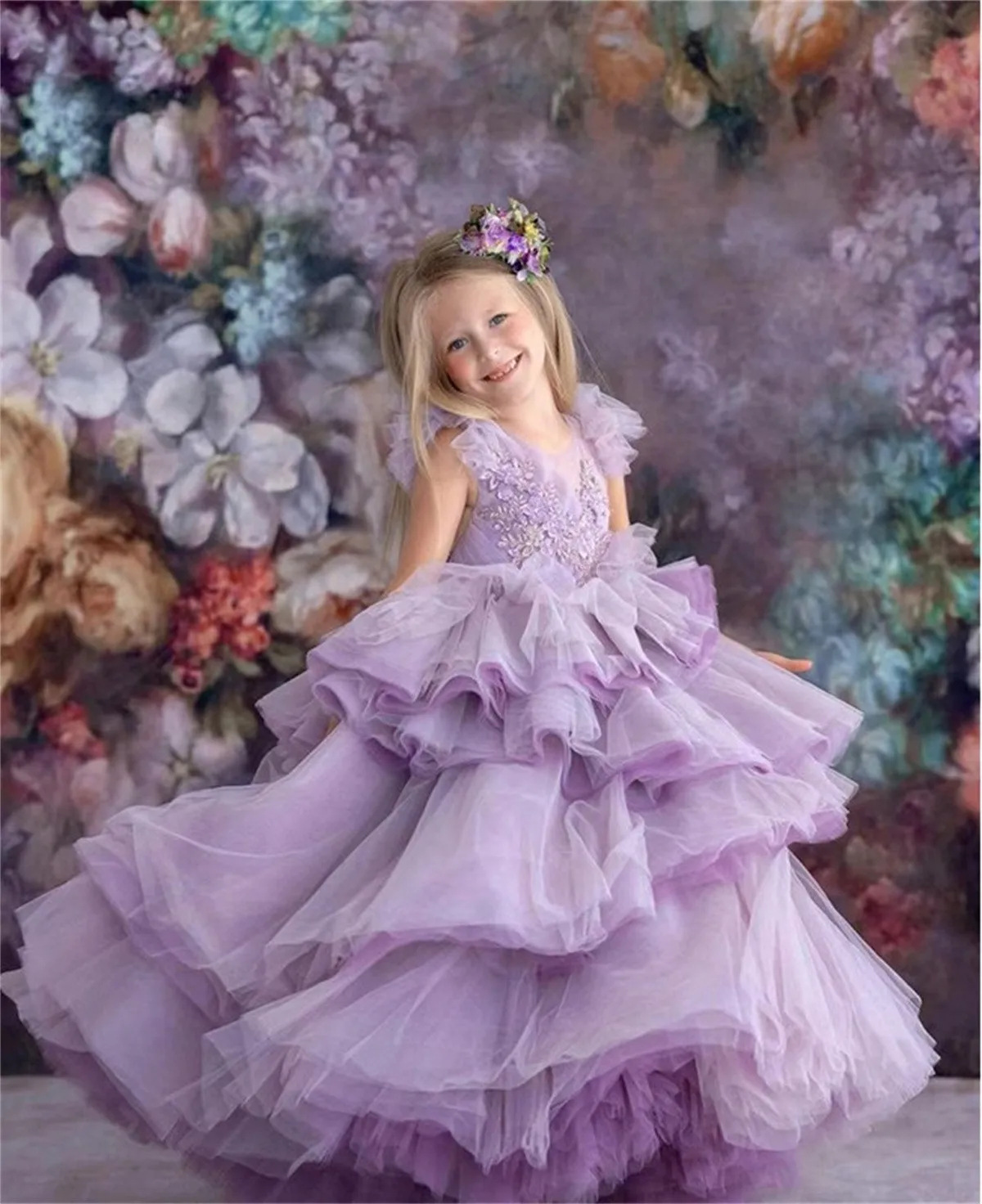 Abito da festa viola per bambini, nuovo modello a trapezio con gonna a rete vaporosa, dolce abito da principessa per feste estive di alta gamma._voghion.com
