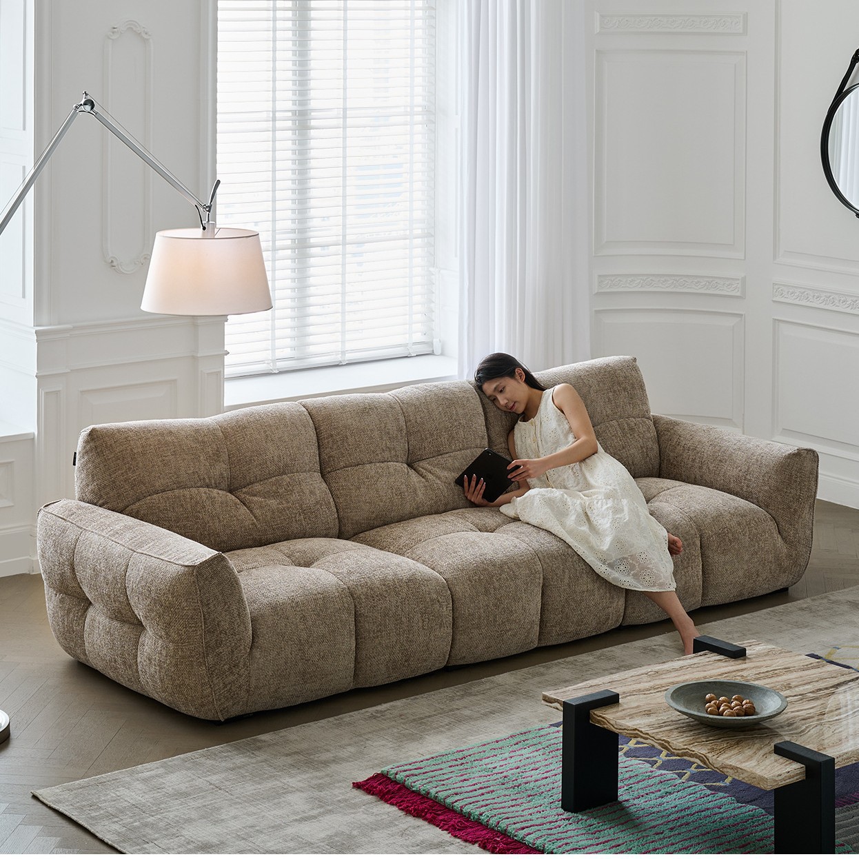 Chocolate Fabric Sofa, Mid-Century Style Living Room, Chenille Velvet, Modern Simple Retro Straight Sofa, Source Factory