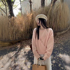 韩系设计感V领挂脖交叉针织衫女两件套宽松背心两件套短上衣女装