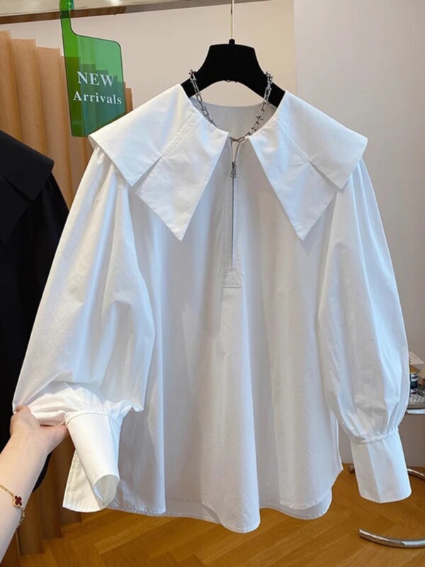 纯棉大码白色衬衫女长袖2025秋宽松减龄胖mm灯笼袖衬衣上衣A6444|undefined
