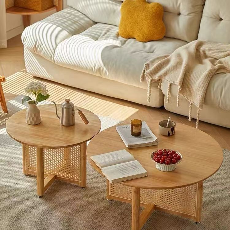 北欧藤编实木茶几家用民宿沙发边几洽谈圆形茶桌日式风原木矮桌子