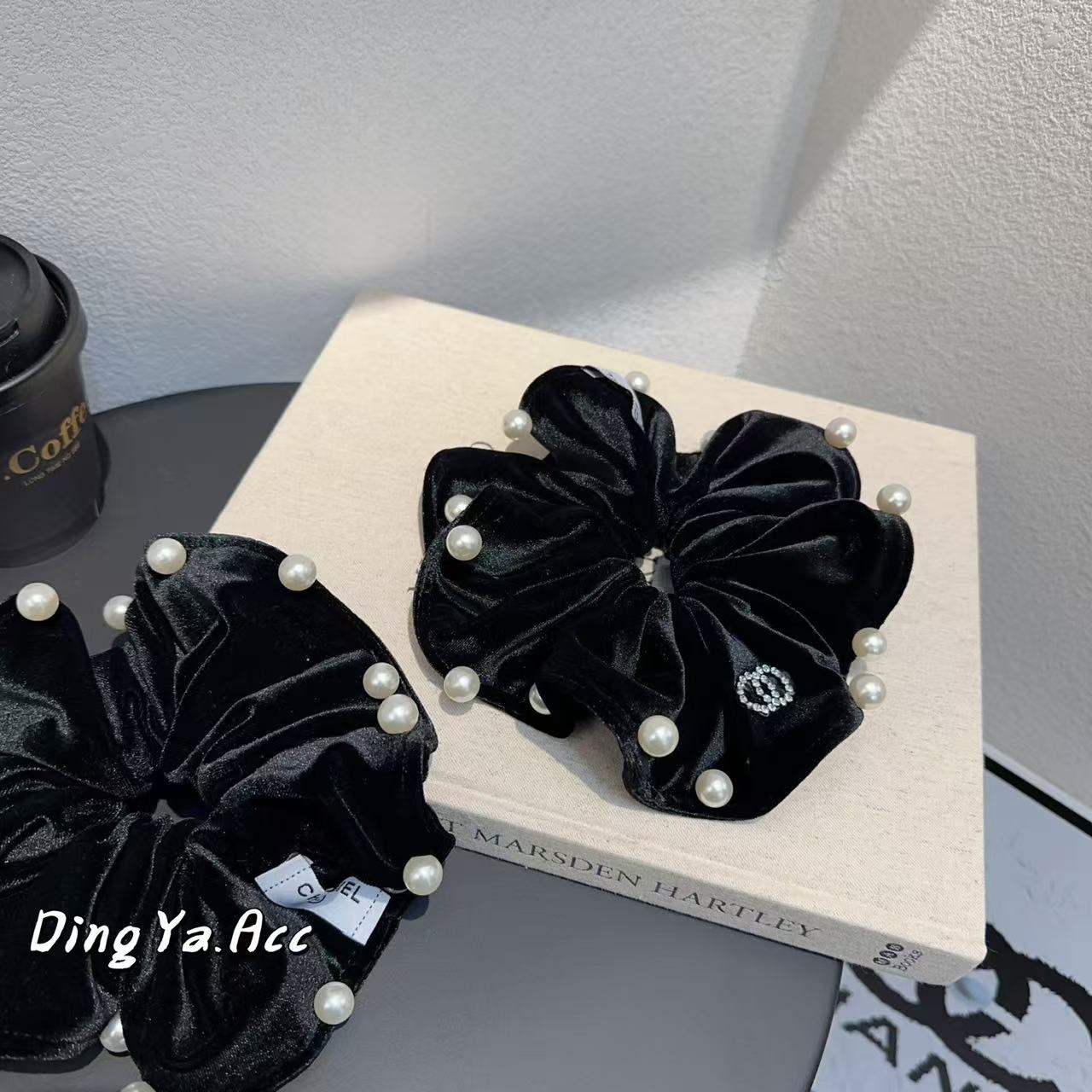 重工黑色小香风珍珠丝绒布艺大肠圈高级感气质百搭大号赫本风发绳