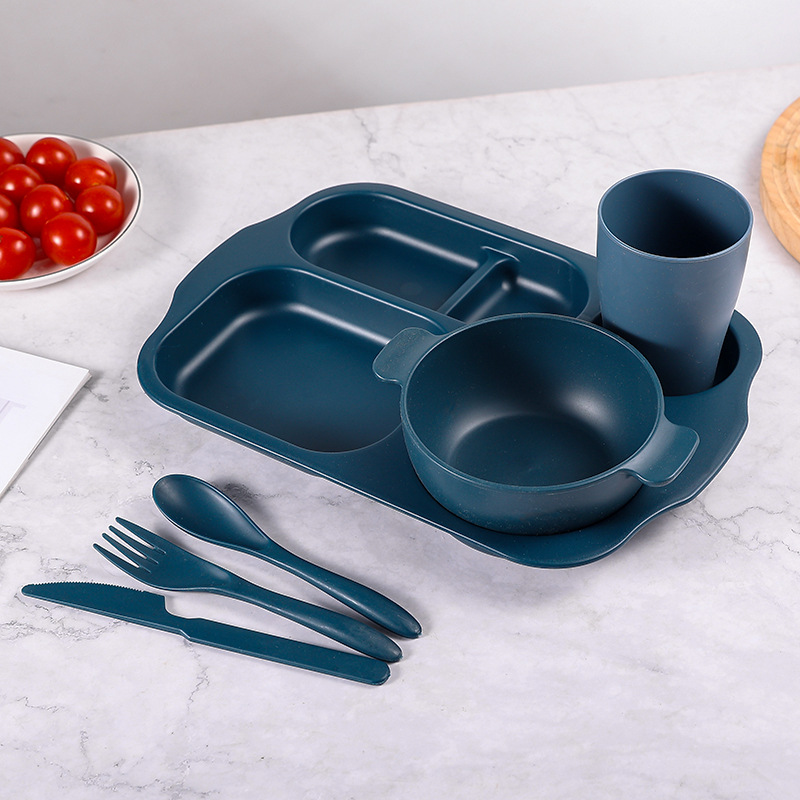Plato de comedor para niños 24 piezas set de paja de trigo jardín de infantes anti-caída taza de plato de comedor cuchillo y tenedor cuchara set