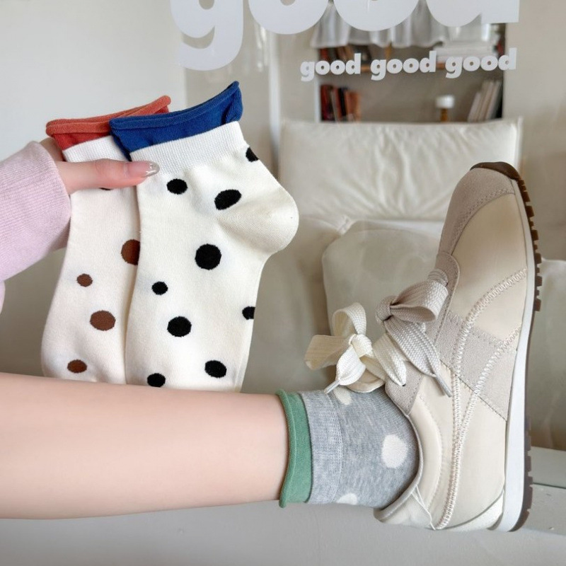 Spring New Japanese-Style Large Polka Dot Women's Socks, Simple Color-Blocking Thin Double-Cuff Short Socks, Girl's Academy Style Ankle Socks