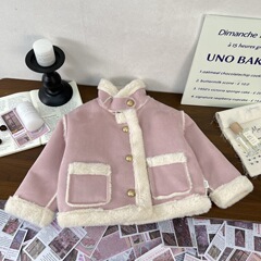 韩版ins女童单排扣加绒上衣冬新款2025 女宝甜美可爱加厚保暖外套