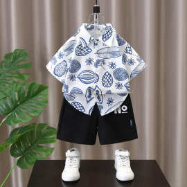 男童夏装洋气短袖套装2025新款时髦宝宝薄衬衫衣服酷帅儿童沙滩服