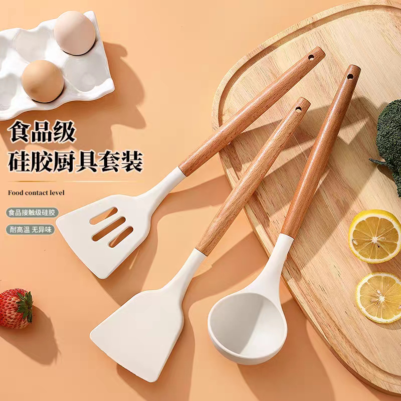흰색 나무 손잡이 실리콘 주걱, 스푼, 가정용 조리용 주걱, 붙지 않는 요리 보조 식품 주방 용품, 고급 주걱
