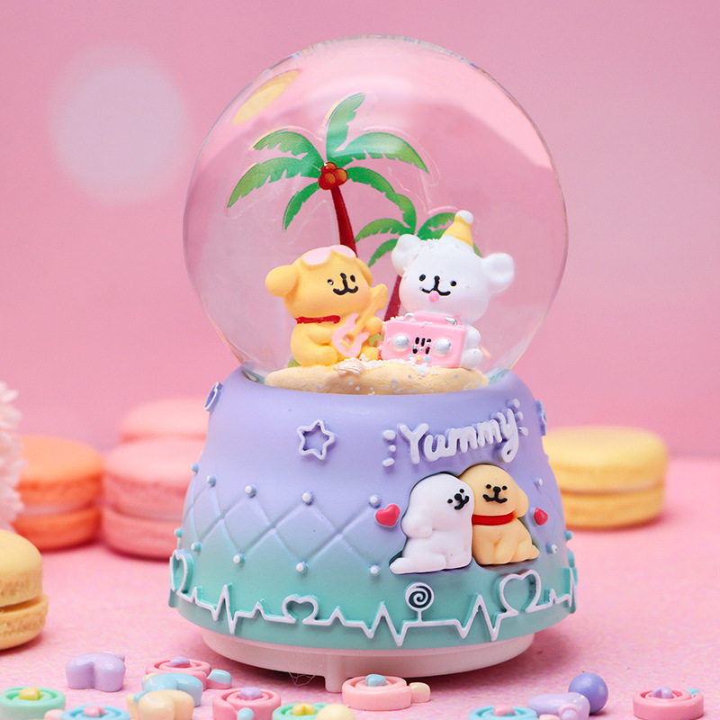 Cute Cartoon Puppy Crystal Ball Music Box with Glowing Falling Snow Music Box for Children and Students Birthday Gifts Wholesale