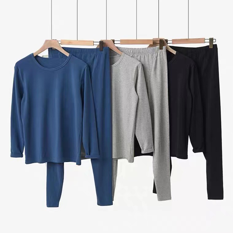 Thin Pure Cotton Underwear Set with Round Neck, Long-Sleeve Top and Pants, Solid Color, Suitable for Wearing Outside, Cold-Proof and Warm Inner Layer
