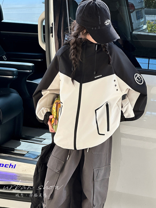 女童休闲拼色冲锋衣外套2025秋季新款大童韩版时髦户外工装风衣潮|undefined