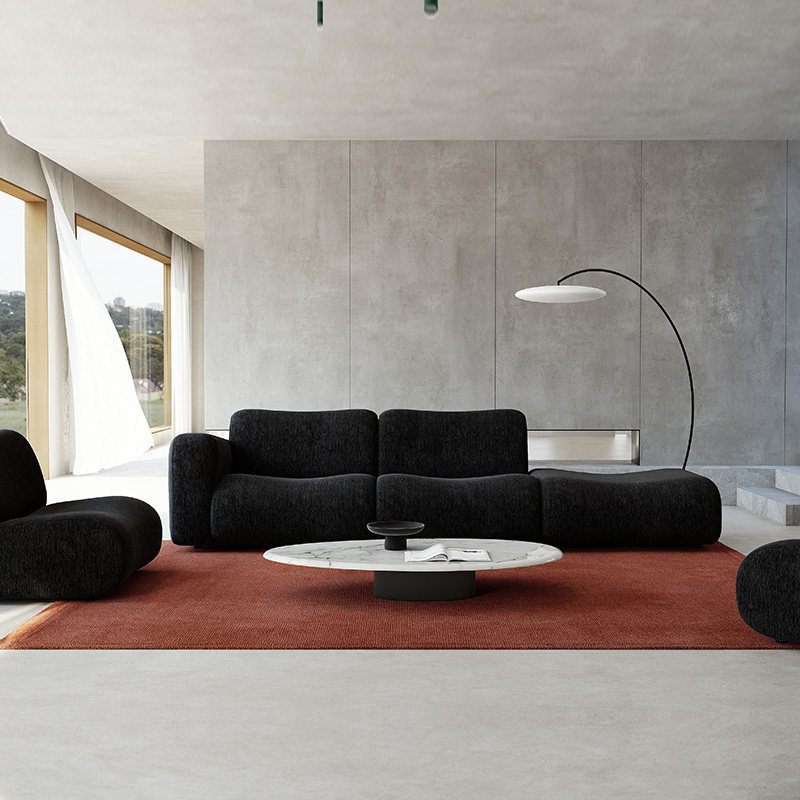 Sofá de tela modular minimalista italiano, viento silencioso, arena de sala de estar de forma especial, Chenille negro, inventario