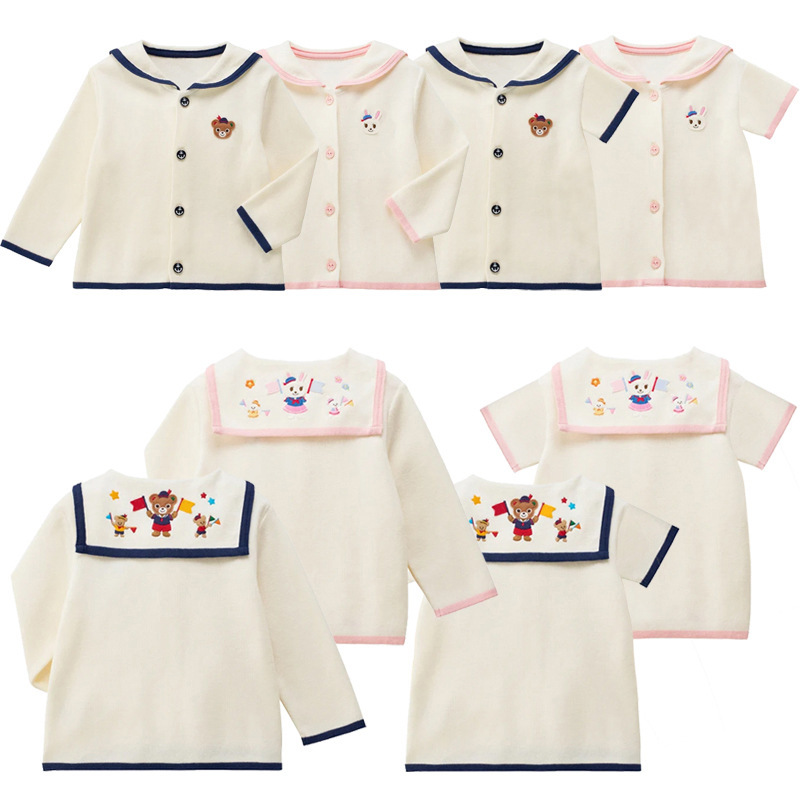 In-Stock New Navy Collar Bear and Rabbit Print Shirts, Japanese Style Cute Short-Sleeve and Long-Sleeve Shirts for Babies, Wholesale Available