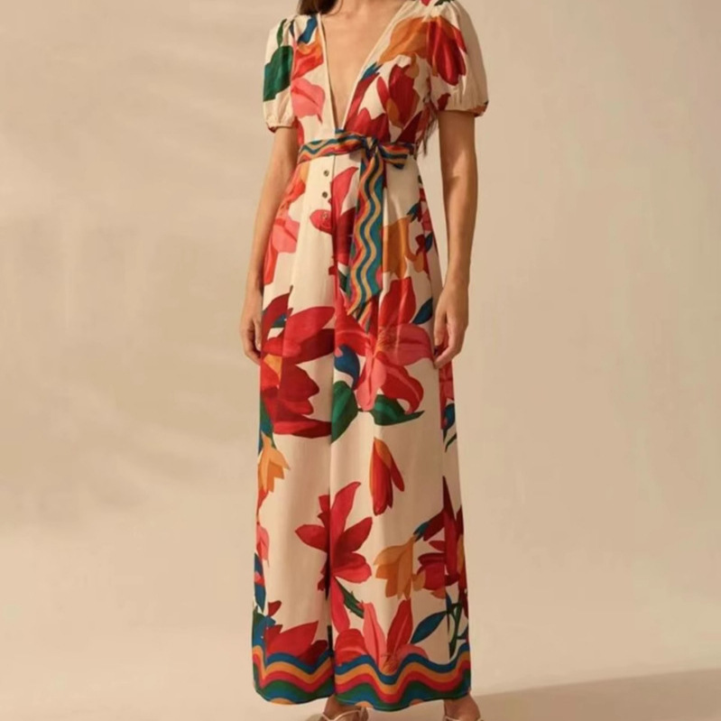 Macacão feminino de verão com decote em V profundo, estampa moderna e calças de pernas largas em estilo europeu e americano, roupa sexy._voghion.com