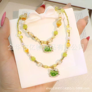 夏日清新彩色水晶珍珠手工串珠项链女小众高级感轻奢叠戴锁骨链