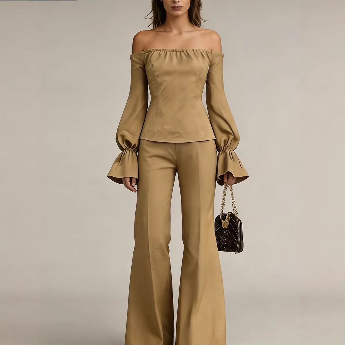 Elegant Off-Shoulder Puff Sleeve Women's Top with Wide Leg Pants Two-Piece Set European And American Style Fashionable Clothing for Women_ecoleips.com