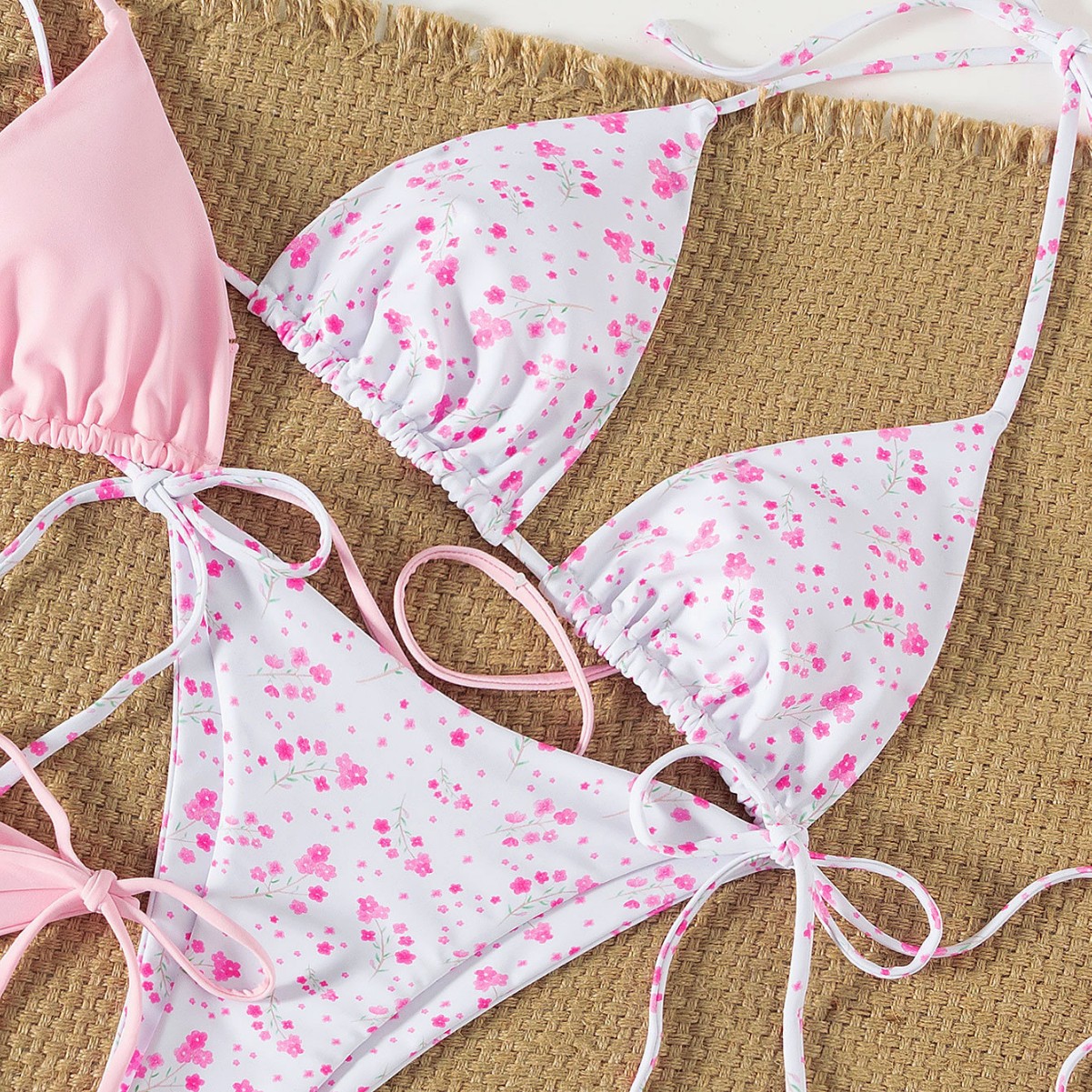 European and American Cross-Border Bikini Hot-Selling Strappy Swimsuit Sexy Sexy Holiday Style Small Floral Four-Piece Split Swimsuit