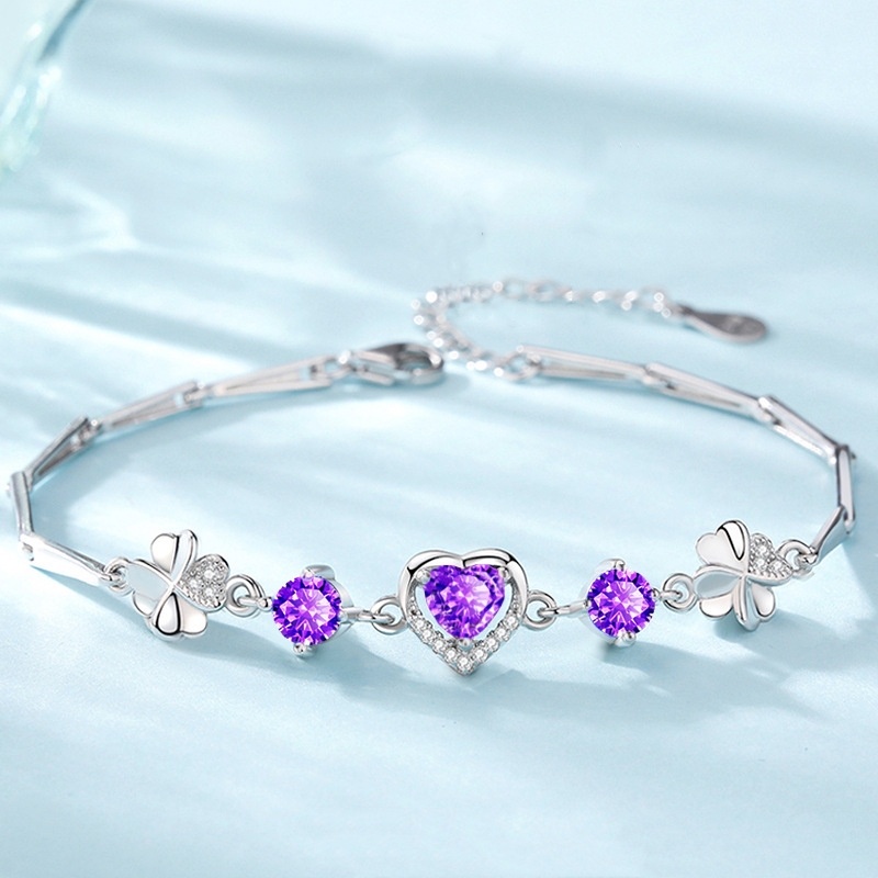 Hot Selling Amethyst Zirconium Four-leaf Clover Heart-shaped Micro-inlaid Zircon Bracelet Goddess Heart-shaped Ocean Heart Bracelet