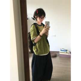 条纹短袖t恤女小个子夏季宽松慵懒风美式复古小众设计感半袖上衣