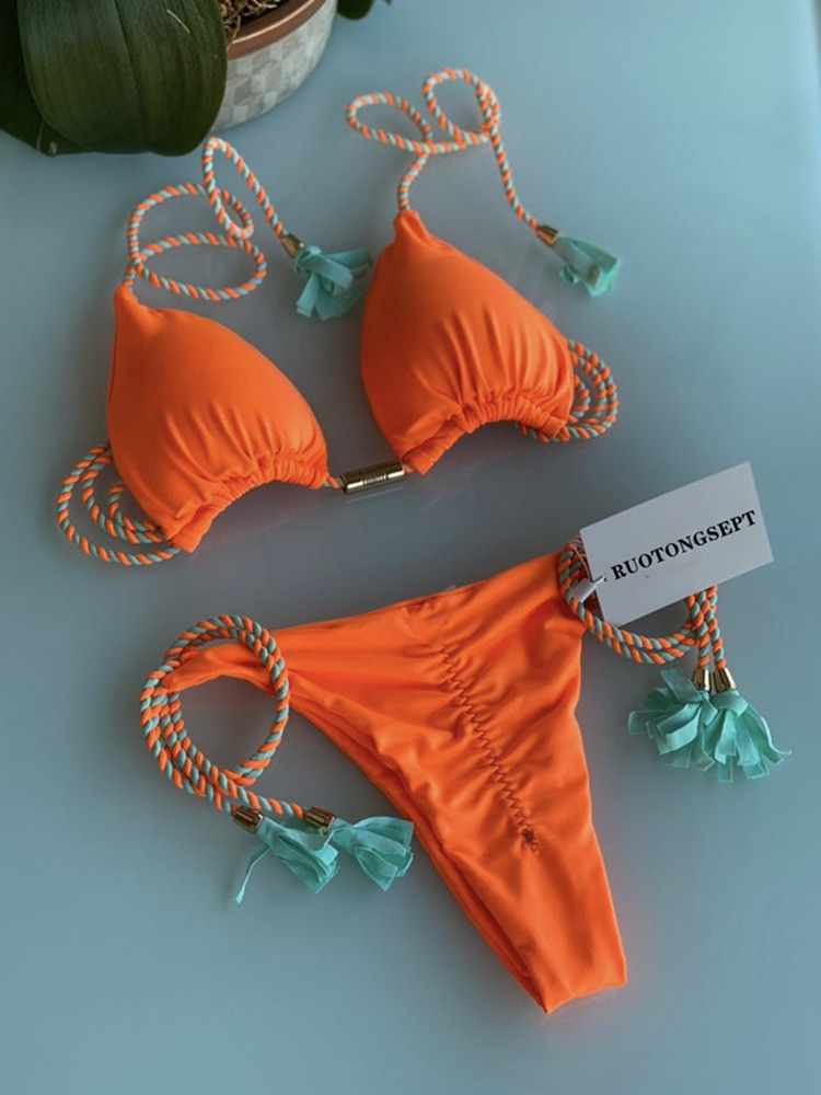 105g Weight Polyester Fabric Type split swimsuit Tops Type Swimming Pool, Beach Occasion Stripe, Solid Color Pattern Women's Gender Drawstring Craft Women's Stripe Solid Color 2 Pieces Set Bikinis Swimwear 1