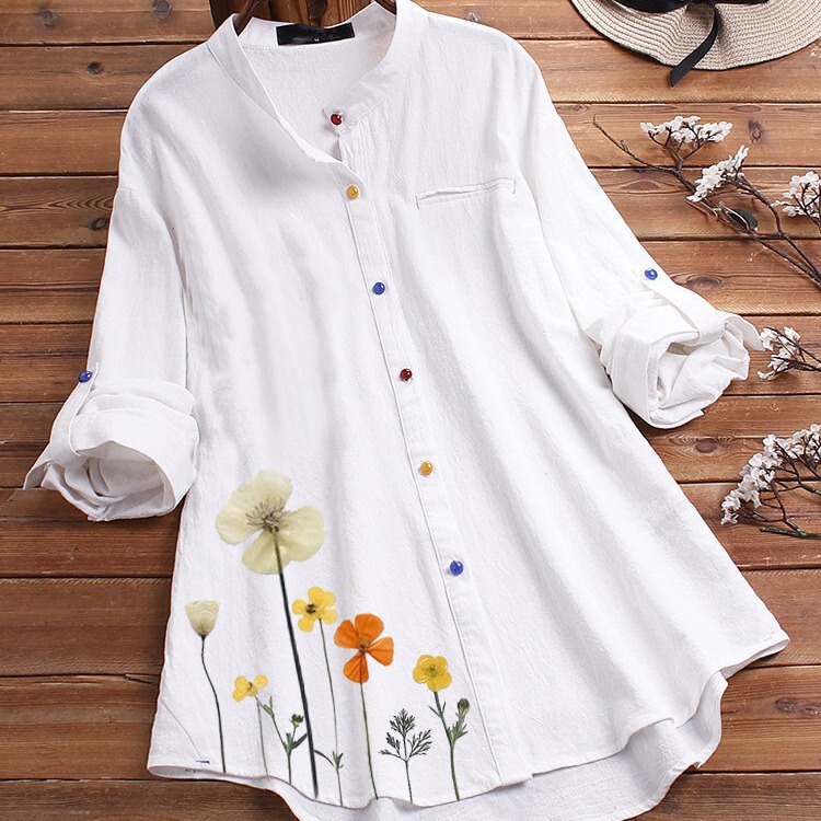 2026 Spring and Summer New Cross-Border Printed Shirt with Stand Collar and Colorful Buttons, Cotton and Linen Women's Clothing, Comfortable and Casual