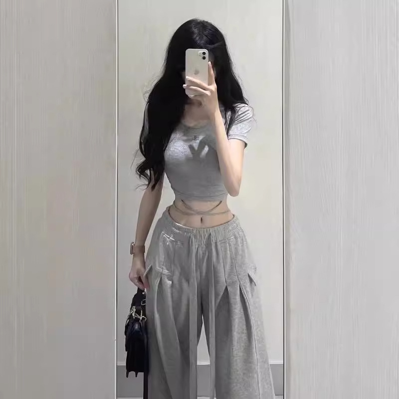 American Style Strap Design Hot Girl Shoulder Embroidered Short-sleeved T-shirt Women's Summer Tight Chic Unique Short Top
