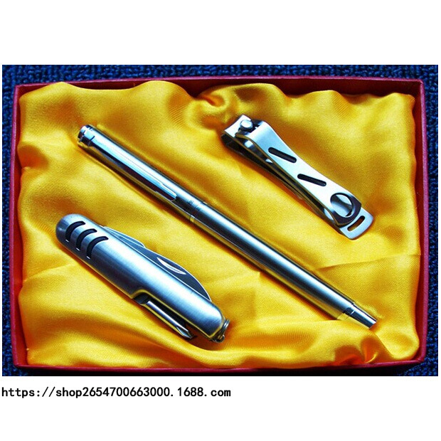 商务礼品套装多功能小刀钢笔指甲刀野营三件套促销小刀不锈钢折刀