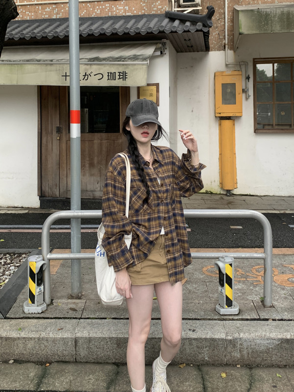 红人馆格子衬衫女秋季高级感chic别致上衣法式宽松咖色慵懒风衬衣|undefined