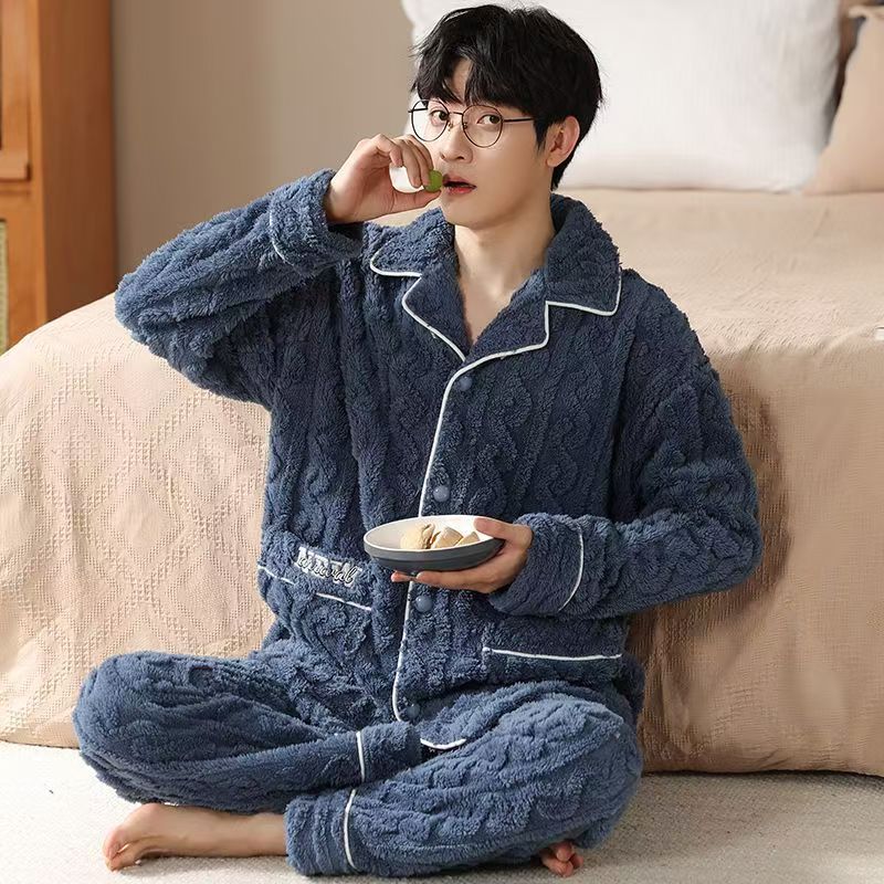 Pijama de lujo ligero de hombre engrosado de franela calentamiento conjunto coreano de mangas largas cardigan coral ropa para el hogar grande otoño