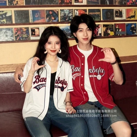 ALOHA Retro American Relaxed Style Short-Sleeve Shirt Baseball Jacket Summer Couple Outfit Cardigan Jacket