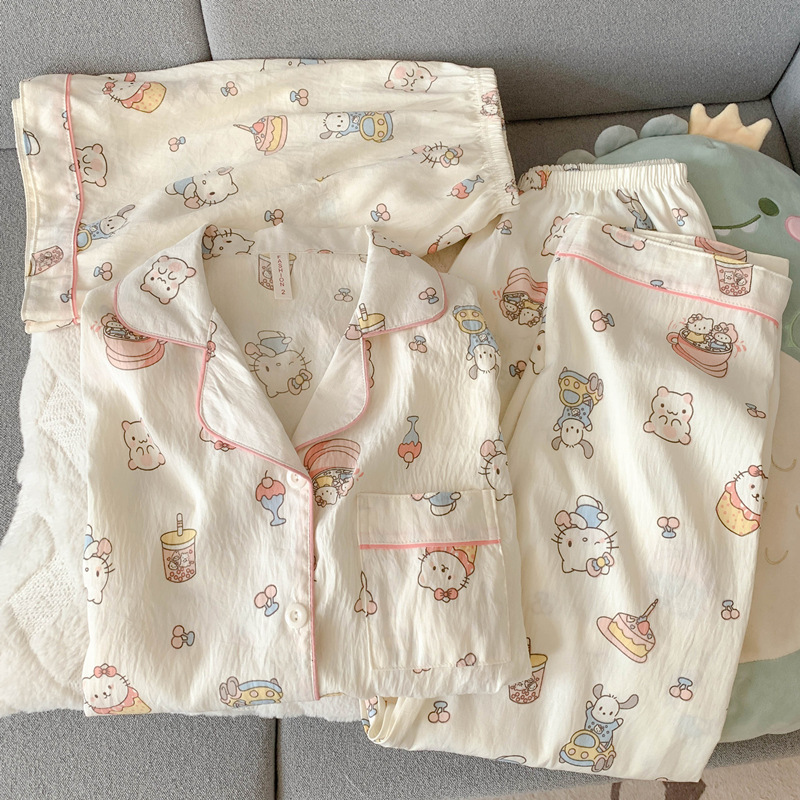 Japonés helloKitty nube de algodón puro pijamas de pareja verano de manga corta para mujer servicio a domicilio de tres piezas para hombre